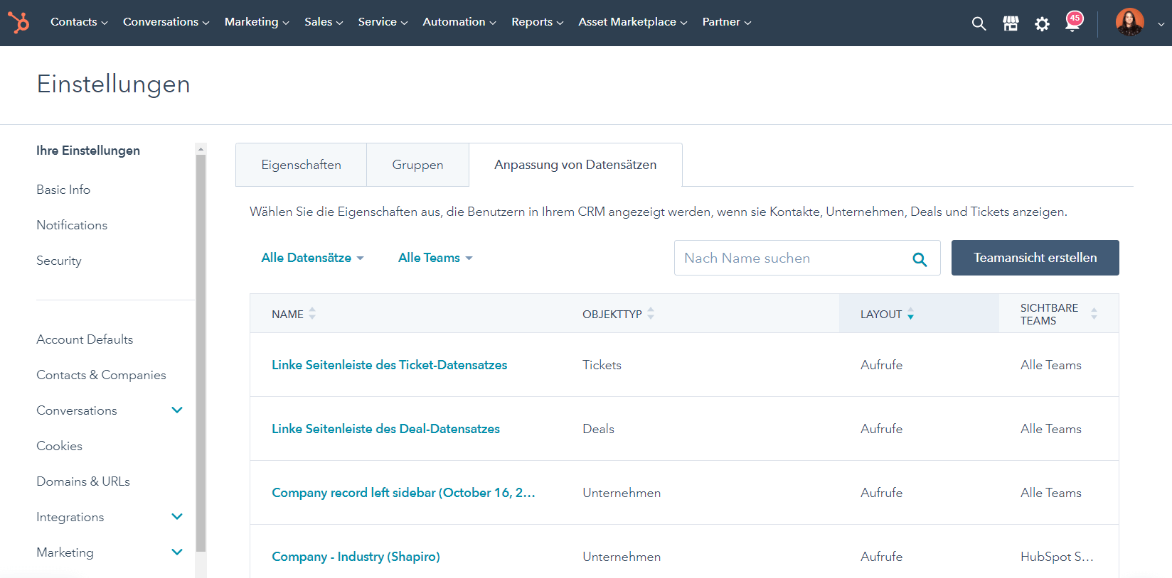 individuelle einstellungen im hubspot crm