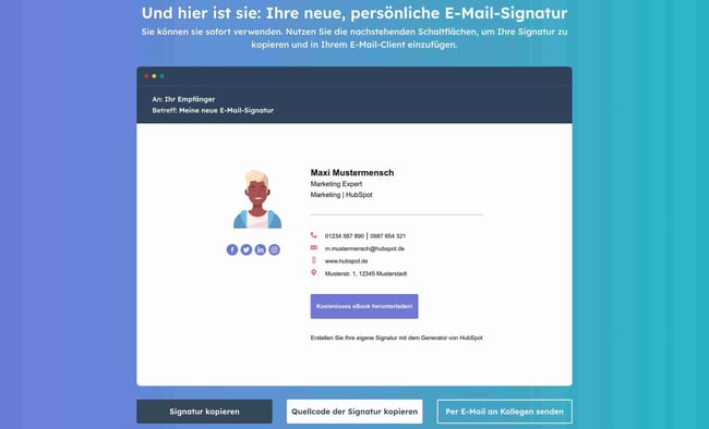 Fertige E-Mail-Signatur mit Hubspot Signatur Generator