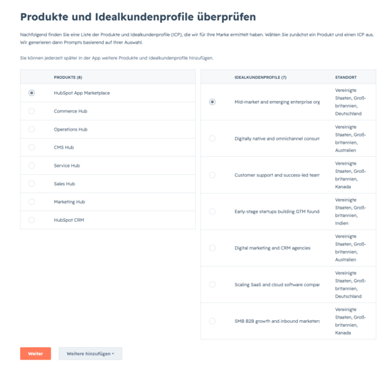Screenshot aus dem HubSpot AEO-Tool: Produktauswahl und Idealkundenprofile
