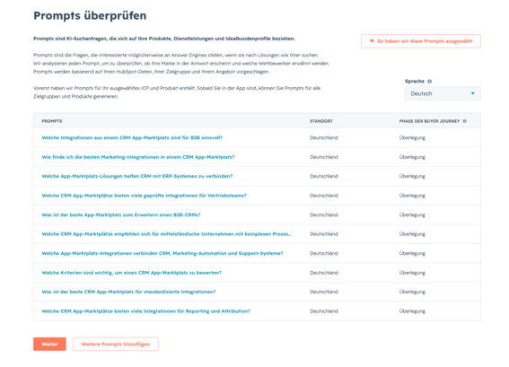 Screenshot aus dem HubSpot AEO-Tool: Prompts generieren