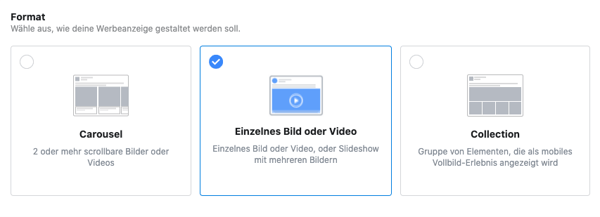 Anzeigeformat auf Facebook auswählen