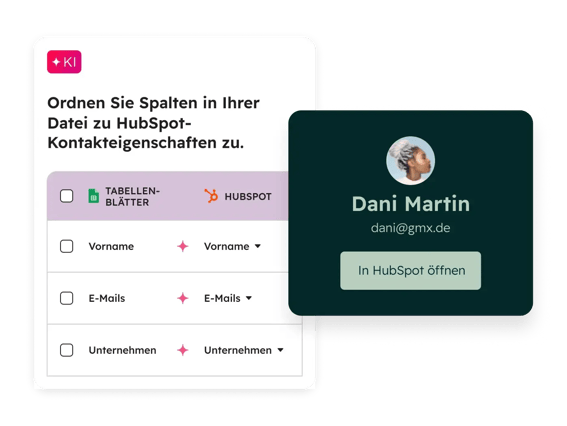 HubSpot für Google Sheets™: KI-gestützte Spaltenzuordnung von Google Sheets zu HubSpot-Kontakteigenschaften mit vollständigem Kontaktdatensatz in der Vorschau