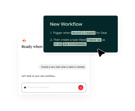 HubSpot-Benutzeroberfläche, auf der eine Person Breeze Assistant bittet, eine neue Automatisierung beim Erstellen eines Deals einzurichten; Breeze Assistant fordert daraufhin dazu auf, die Einstellungen des neuen Workflows festzulegen, darunter Aufgabenname und Fälligkeitsdatum.