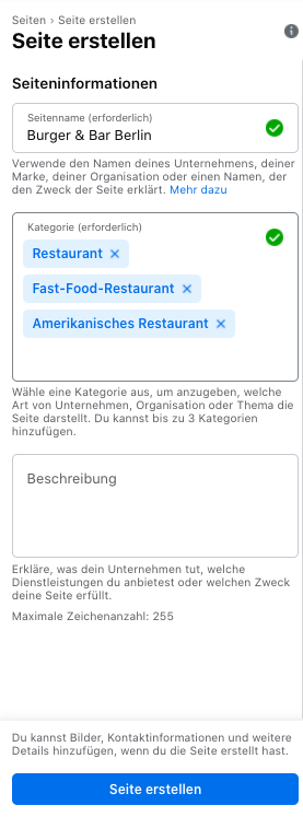 Facebook Unternehmensseite - Kategorien festlegen