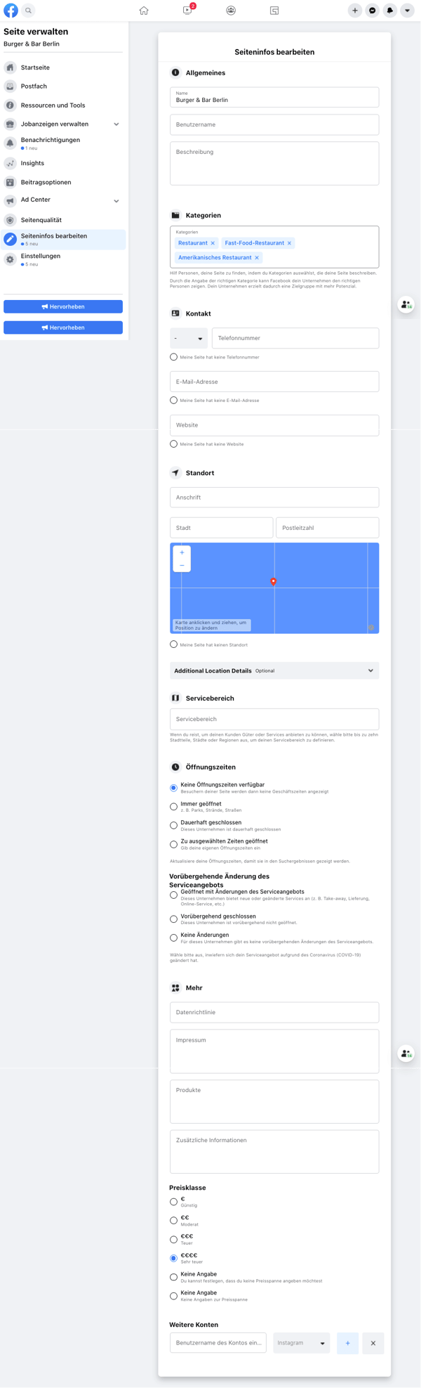 Facebook-Seite Seiteninfos bearbeiten