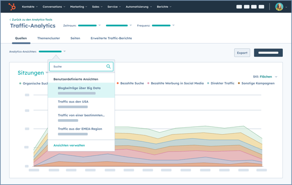 Screenshot der HubSpot-Benutzeroberfläche mit einem Traffic-Analytics-Bericht