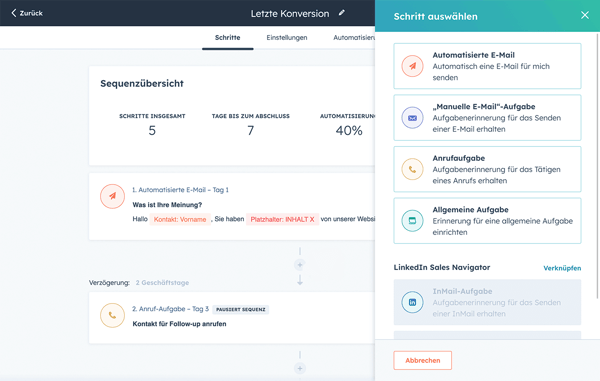 Sales Hub-Benutzeroberfläche für Sequenzen zeigt E-Mail-Automatisierung und -Planung