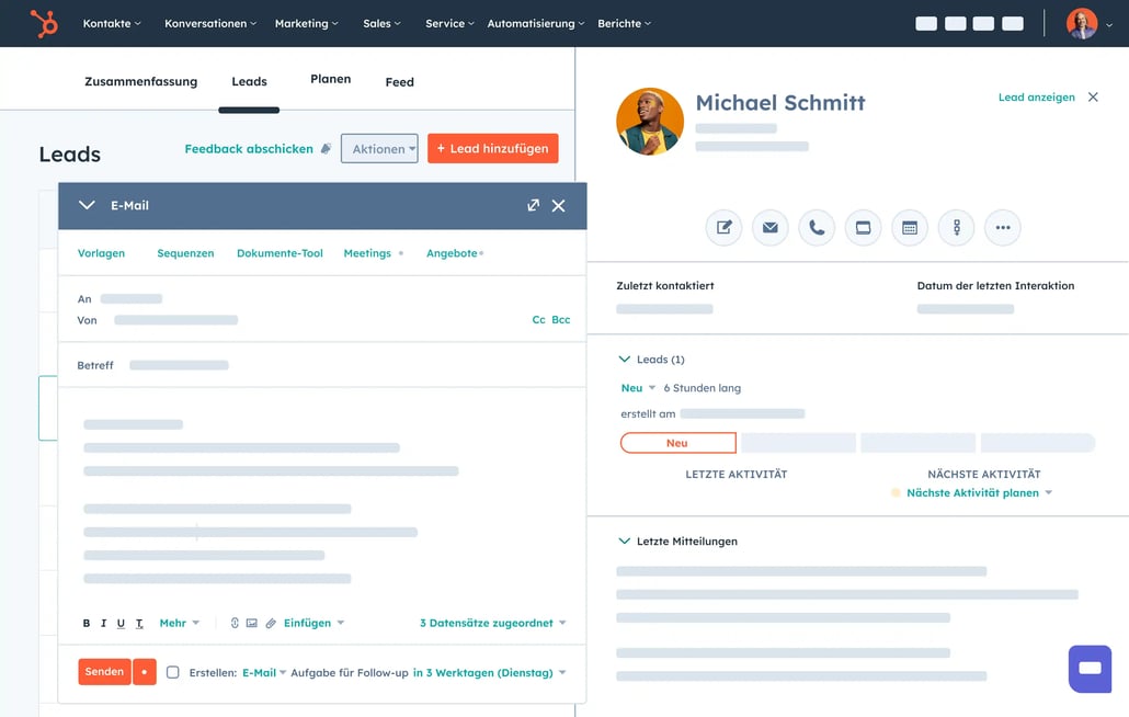 Sales Hub-Benutzeroberfläche mit einer Übersicht der Leads 