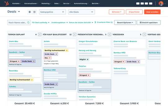Einfache Benutzeroberfläche von Sales Hub mit nach Dealphase geordneten Spalten der Sales-Tracking-Software 