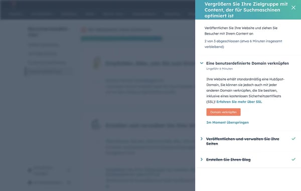 HubSpot-Oberfläche zeigt die Schritte zum Einrichten Ihrer Website