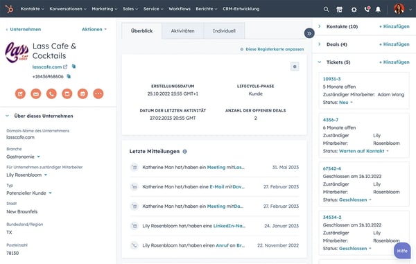 HubSpot Lead-Management-Software zeigt die Kontakt-Timeline eines Leads mit allen Interaktionen