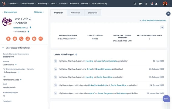 HubSpot Lead-Management-Software zeigt die Kontakt-Timeline eines Leads mit allen Interaktionen