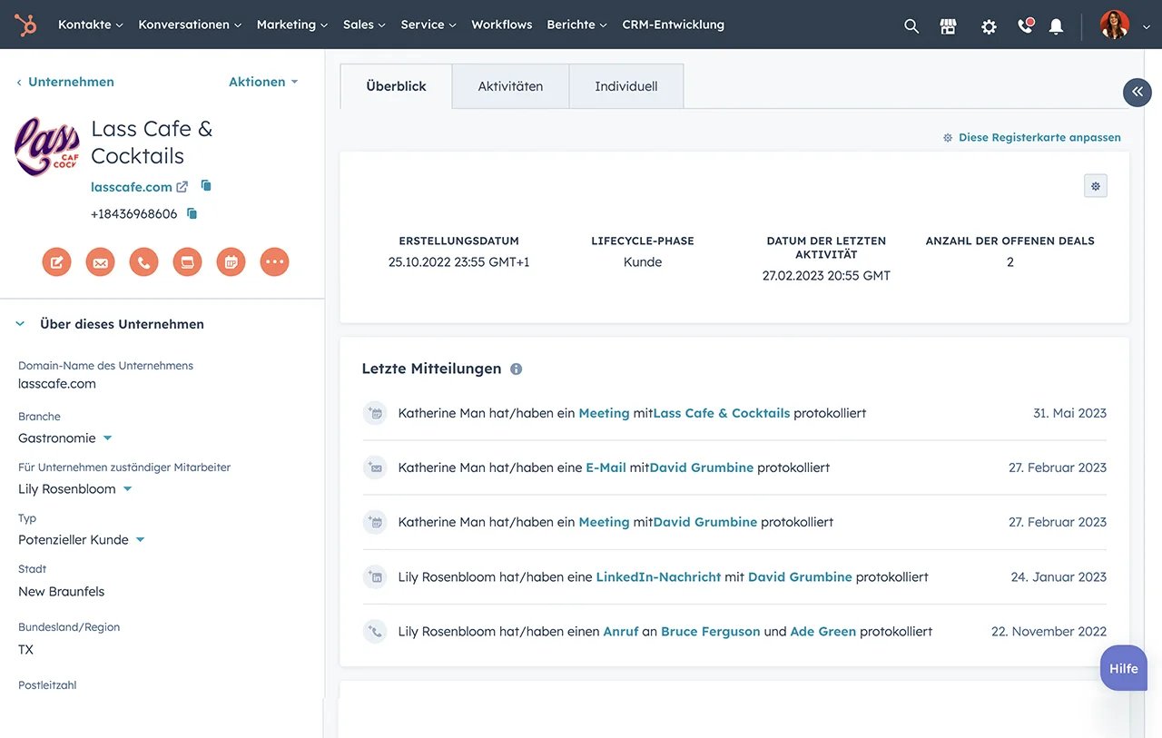HubSpot Lead-Management-Software zeigt die Kontakt-Timeline eines Leads mit allen Interaktionen