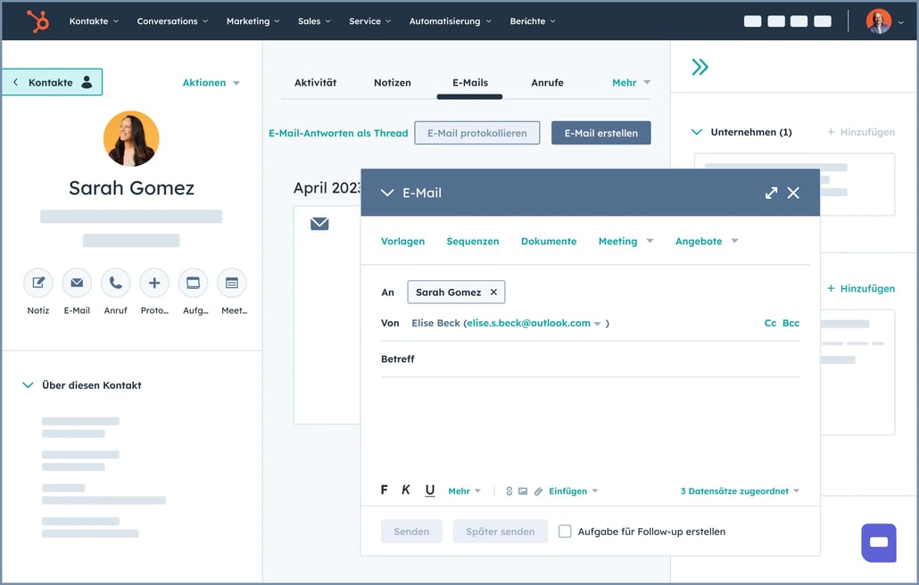 HubSpot-Benutzeroberfläche zeigt E-Mail-Aktivitäten in einem Kontaktdatensatz im intelligenten CRM-System von HubSpot