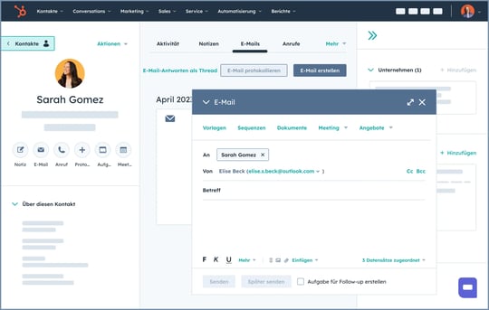HubSpot-Benutzeroberfläche zeigt E-Mail-Aktivitäten in einem Kontaktdatensatz im intelligenten CRM-System von HubSpot