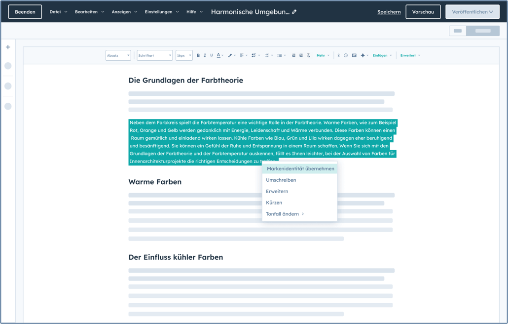 Markenidentitaet-Software von HubSpot: Ein Text wird mithilfe von KI markengerecht ueberarbeitet