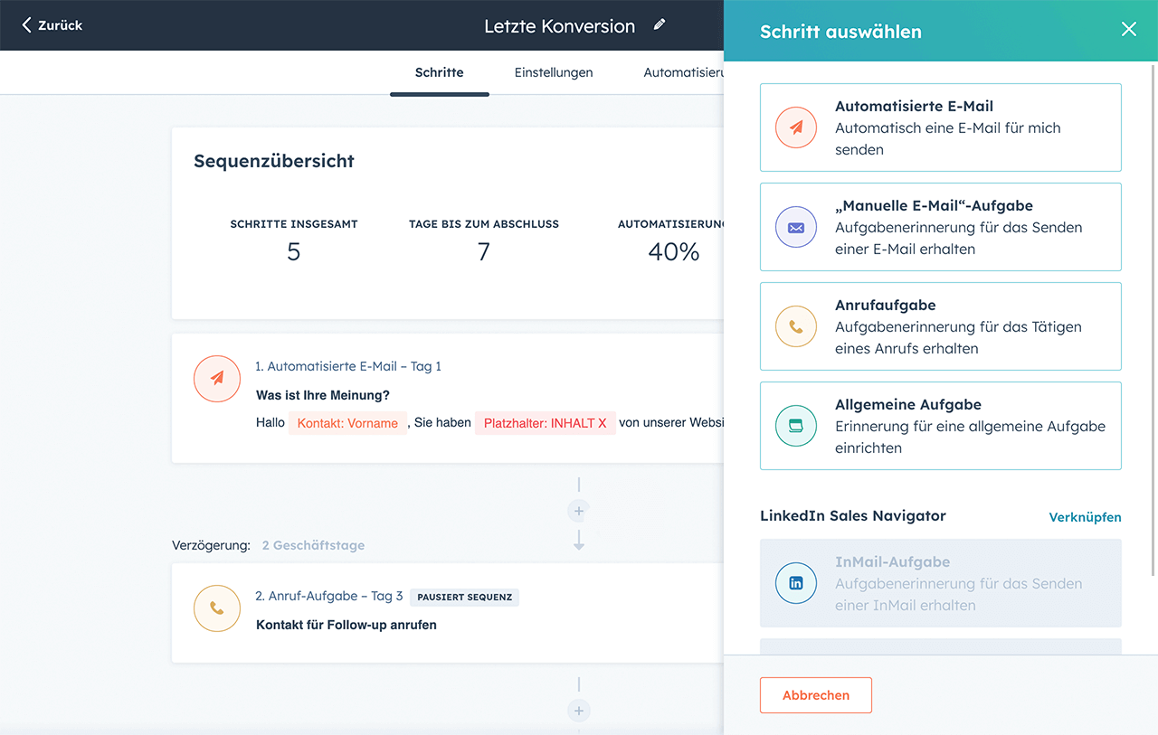 Salesautomatisierungstools von HubSpot mit den Schritten zur Erstellung einer neuen Sequenz