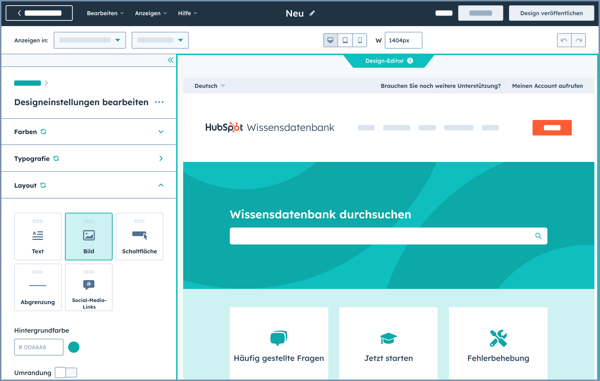 Vereinfachte HubSpot-Benutzeroberflaeche mit dem Editor fuer die Wissensdatenbank und dem Editor fuer die Designeinstellungen