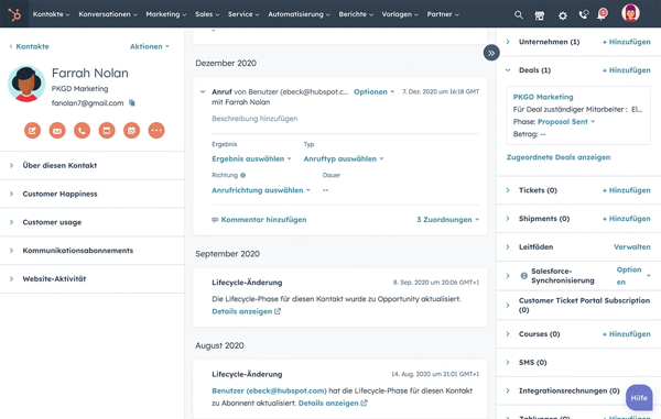 Bildschirmansicht der Kontaktinformationsdaten