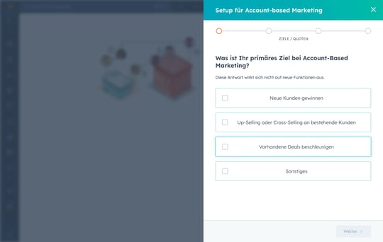 Die Benutzeroberfläche von HubSpot zur Einrichtung von Account-basiertem Marketing zeigt, wie die Funktion aktiviert wird.