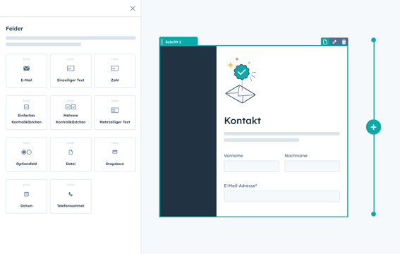 Screenshot des HubSpot Formular-Editors mit einem Kontaktformular. Links sind verschiedene Formularfelder wie E-Mail, Textfelder, Kontrollkästchen, Dropdowns und Datumsauswahl sichtbar. Rechts eine Vorschau des Formulars mit Feldern für Vorname, Nachname und E-Mail-Adresse. Oben ist ‘Schritt 1’ als Fortschrittsanzeige markiert.