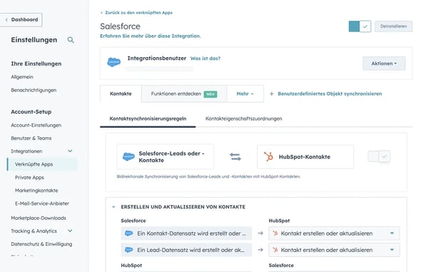 HubSpot Salesforce-Integration: Kontaktsynchronisierungsregeln in HubSpot, die die bidirektionale Synchronisierung von Salesforce-Leads und -Kontakten mit HubSpot-Kontakten konfigurieren, einschließlich automatischer Erstellung und Aktualisierung bei Änderungen in beiden Systemen