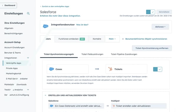 HubSpot Salesforce-Integration: Ticket-Synchronisierungsregeln in HubSpot, die die Synchronisierung von Salesforce Cases mit HubSpot Tickets konfigurieren, einschließlich automatischer Erstellung und Aktualisierung bei neuen oder geänderten Case-Datensätzen in Salesforce