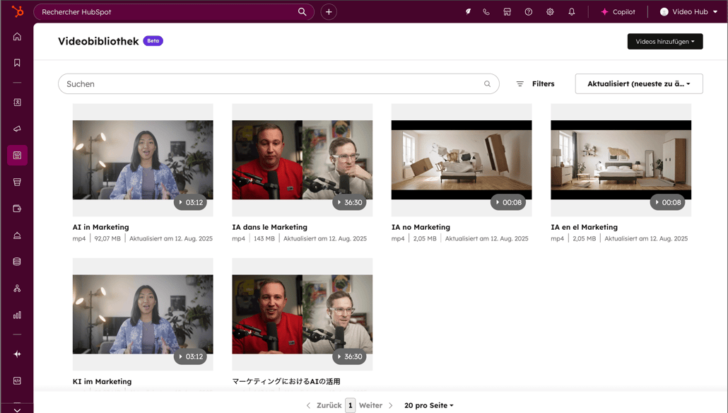 HubSpots Tool fuer Videobearbeitung:  Screenshot der Videomarketing-Bibliothek