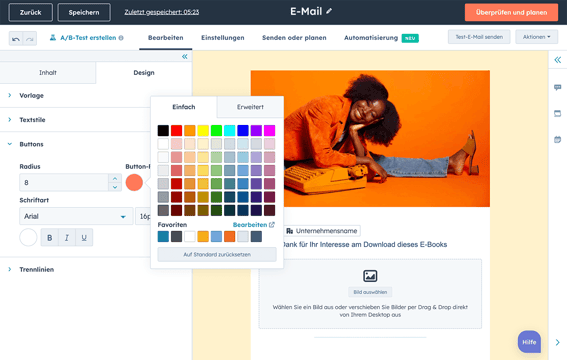 HubSpot Newsletter- und E-Mail-Editor, der via Drag and Drop bedient werden kann 