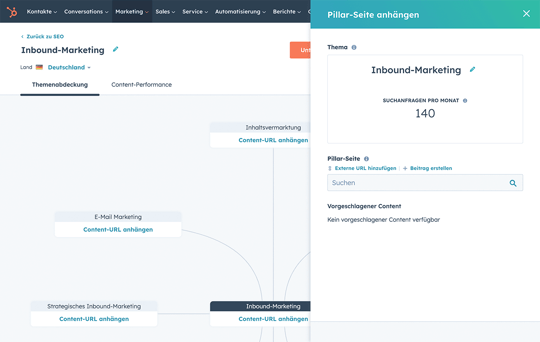 Pillar-Seite und Themenmanagement-Benutzeroberfläche der SEO-Software von HubSpot