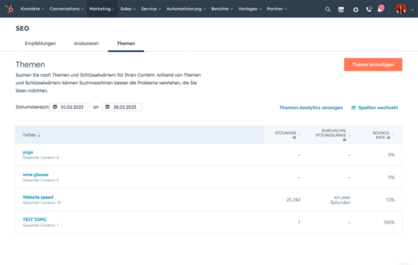 Benutzeroberfläche für Themenempfehlungen der SEO-Software von HubSpot