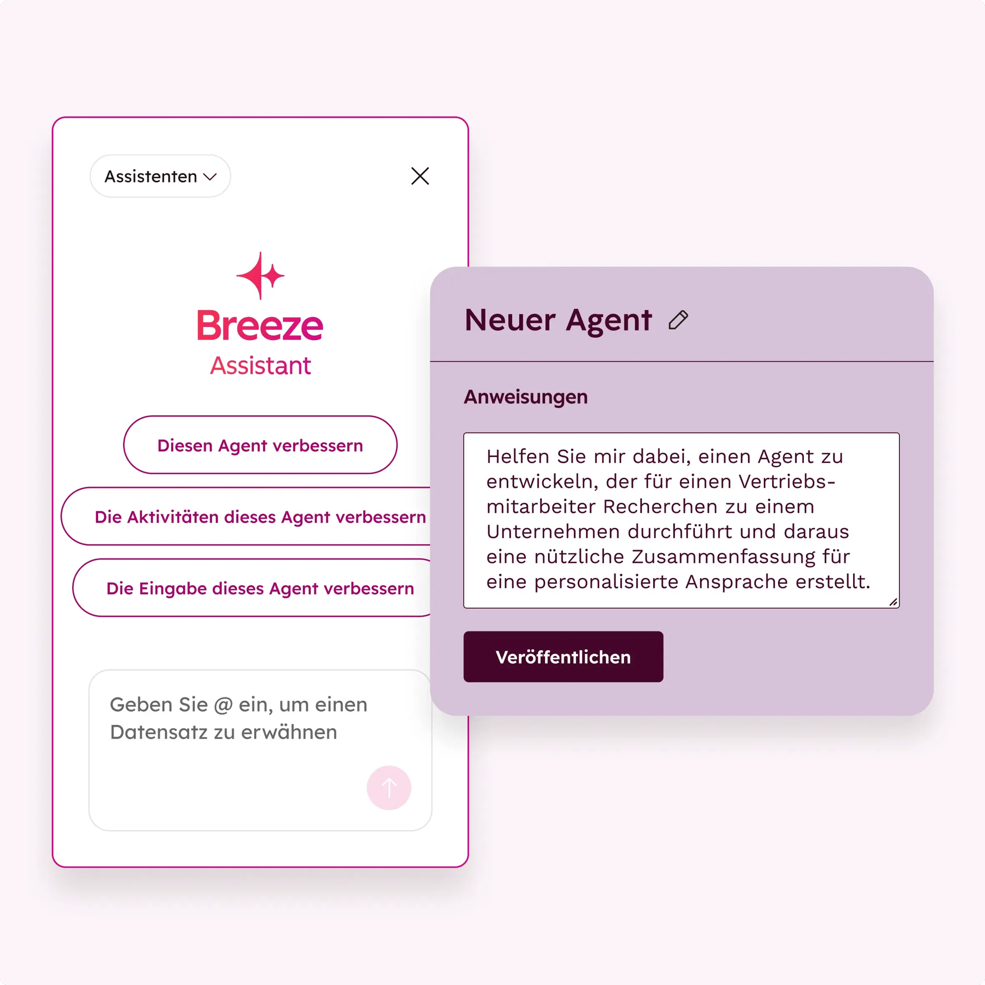 Vereinfachte Benutzeroberfläche mit benutzerdefinierten Agents im Breeze-Assistenten