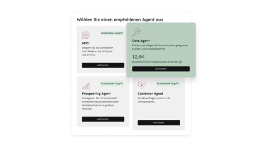 Die HubSpot-Benutzeroberfläche zeigt empfohlene Agents fuer verschiedene Zwecke. Unter Anderem Nachfrage steigern, AEO und Vertrieb 