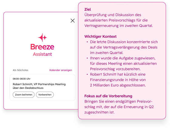 HubSpot-Benutzeroberfläche, auf der Breeze Assistant Informationen zu einem anstehenden Meeting im Kalender einer Person anzeigt: Meetingziel, wichtiger Kontext in Stichpunkten und Vorbereitungsschwerpunkt.