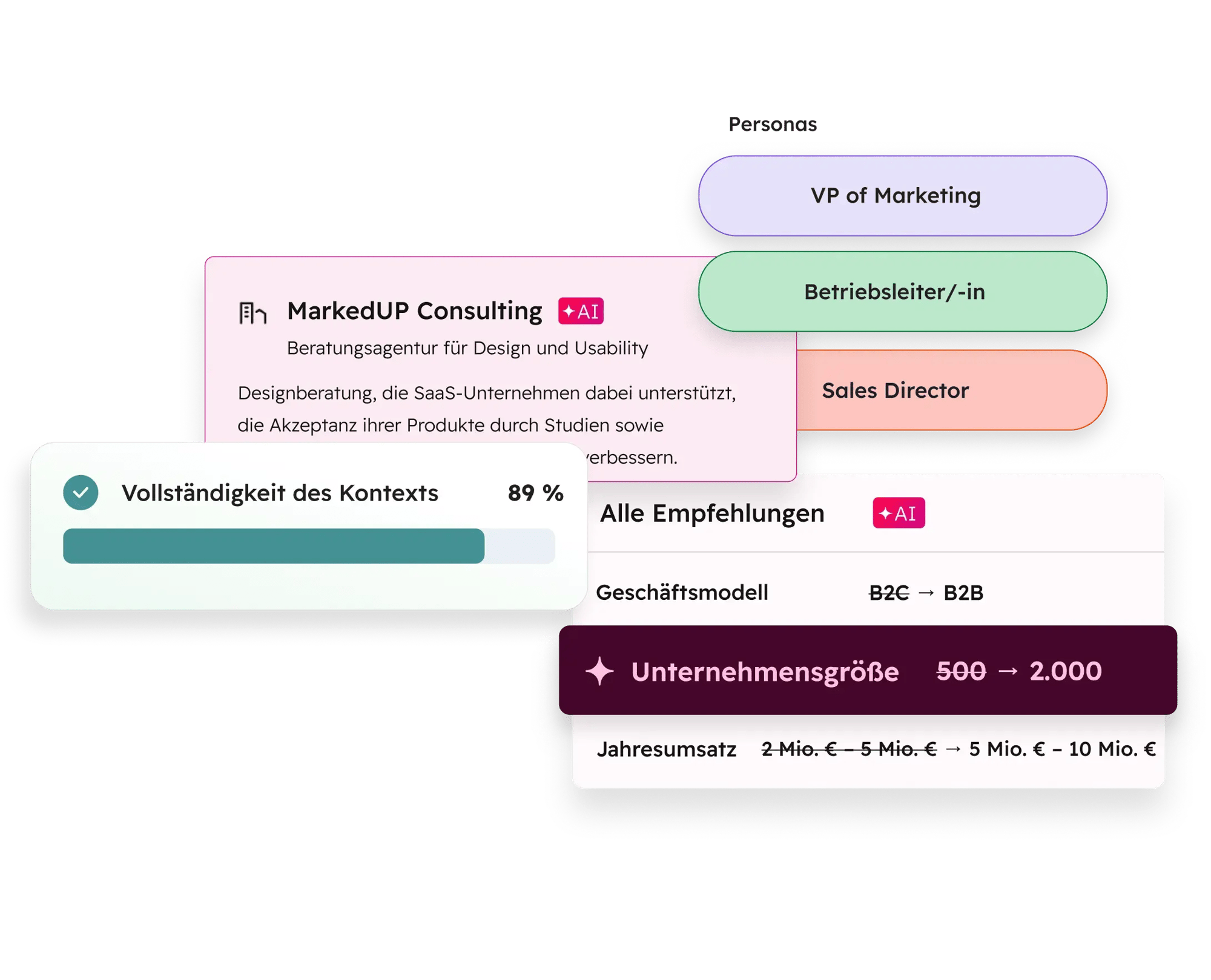 Vereinfachte Benutzeroberfläche der Kontextzentrale von HubSpot