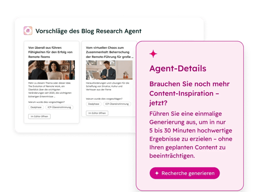 Zeigt einen HubSpot-Nutzer, der den KI-Blog-Recherche-Agenten nutzt, um neue Content-Ideen zu generieren.