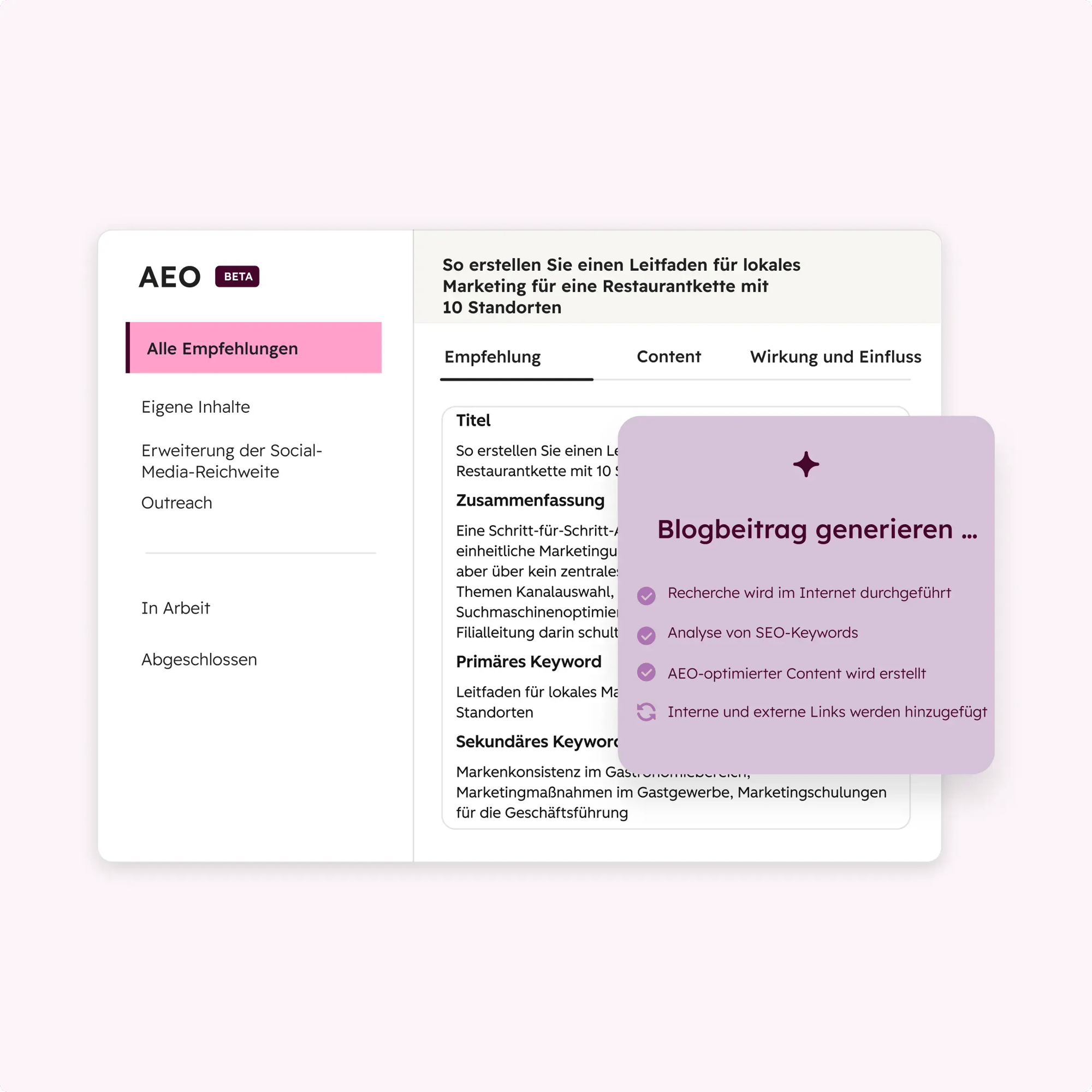 Darstellung der Empfehlungen für die Answer-Engine-Optimization im Campaign Agent