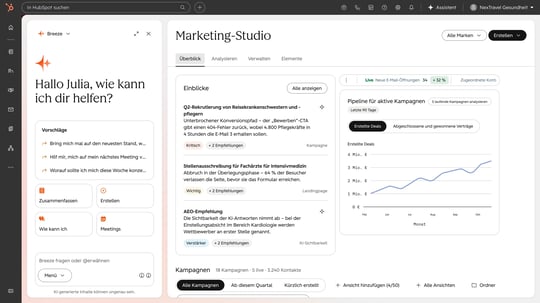 Bild zeigt das Marketing-Studio in Aktion. Mit KI-Einblicke, Marketing-Performance und laufenden Kampagnen