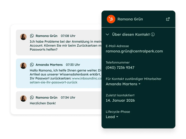 Produkt-UI mit Kundenkontext der WhatsApp-Integration von HubSpot