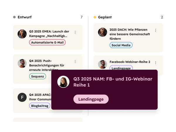Kanban-Board mit Entwuerfen und geplanten Kampagnen im Marketing-Studio