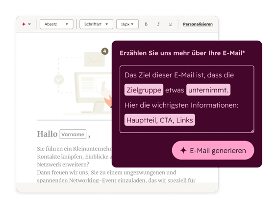 HubSpot-Benutzeroberfläche, auf der eine Person der KI von HubSpot Anweisungen zum Erstellen einer E-Mail gibt. Die KI fragt die Zielgruppe, das Ziel, die Kernbotschaft, den CTA und die Links der E-Mail ab.