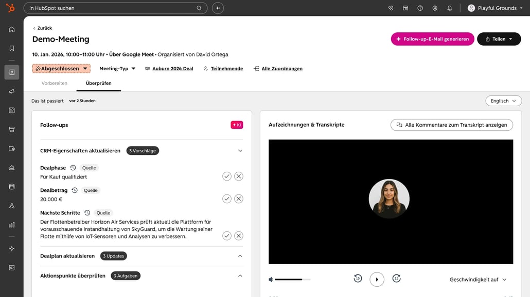 HubSpot KI-Notetaker: Dealseite mit CRM-Update-Vorschlägen und aufgezeichnetem Meeting inkl. Transkript