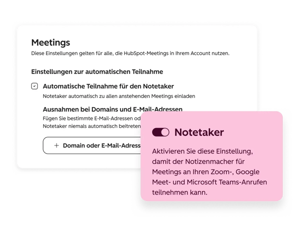 HubSpot Notetaker-Einstellungen: automatische Meeting-Teilnahme aktivieren und Domain-Ausnahmen festlegen