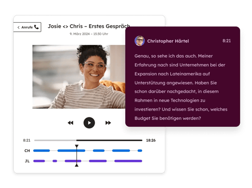 Zeigt einen HubSpot-Nutzer, der die Funktion zur Gesprächsanalyse verwendet. Diese nutzt künstliche Intelligenz, um detaillierte Einblicke in den Inhalt der Telefonate Ihres Teams zu gewinnen.