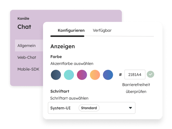 HubSpot Live-Chat-Widget – Konfigurationseinstellungen für Farbe und Schriftart