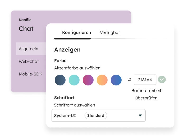 HubSpot Live-Chat-Widget – Konfigurationseinstellungen für Farbe und Schriftart
