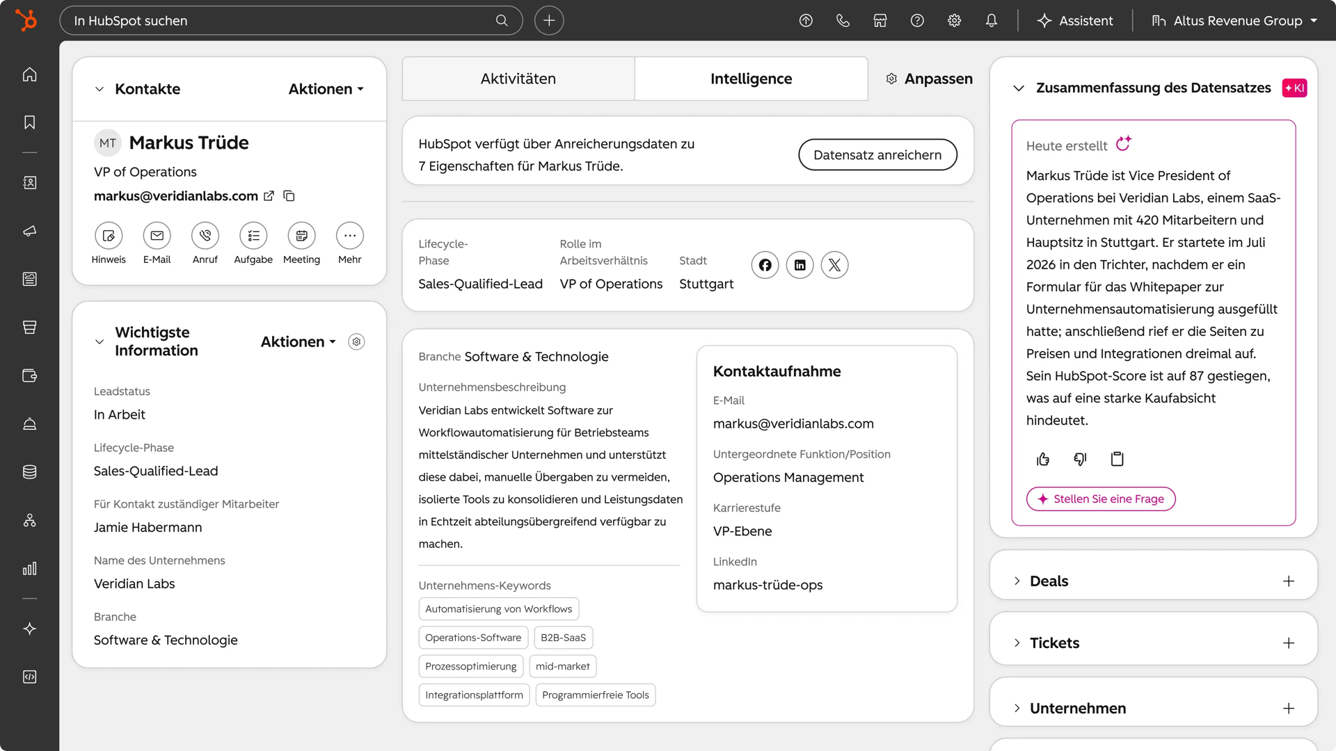 HubSpot CRM Professional - „Intelligence“-Tab