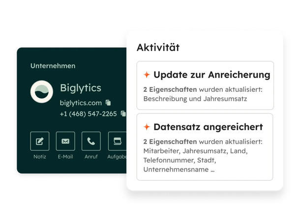 Vereinfachter Produkt-Screenshot des HubSpot Smart CRM mit der Datenanreicherung 
