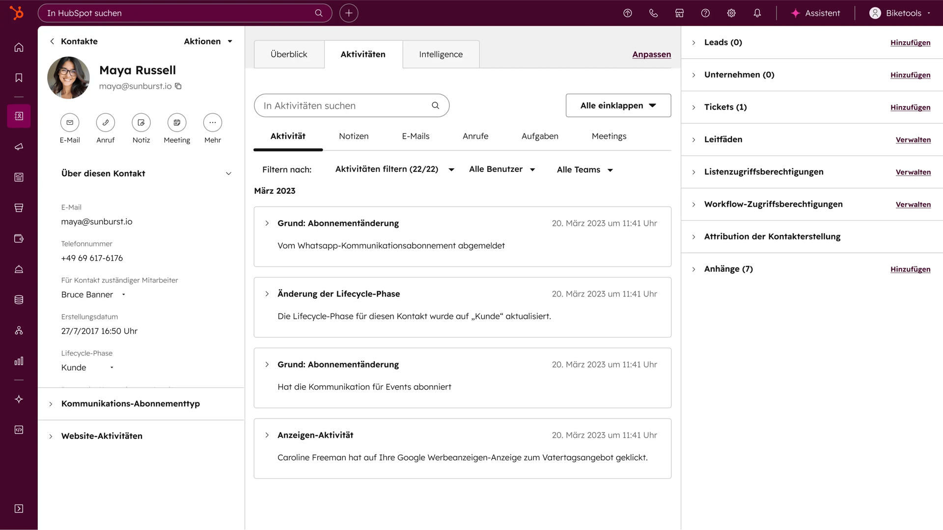 Smart CRM von HubSpot: Kontaktdatensatz im intelligenten CRM