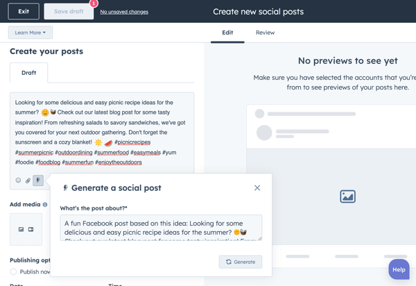 HubSpot-KI generiert Facebook-Texte über Picknicks
